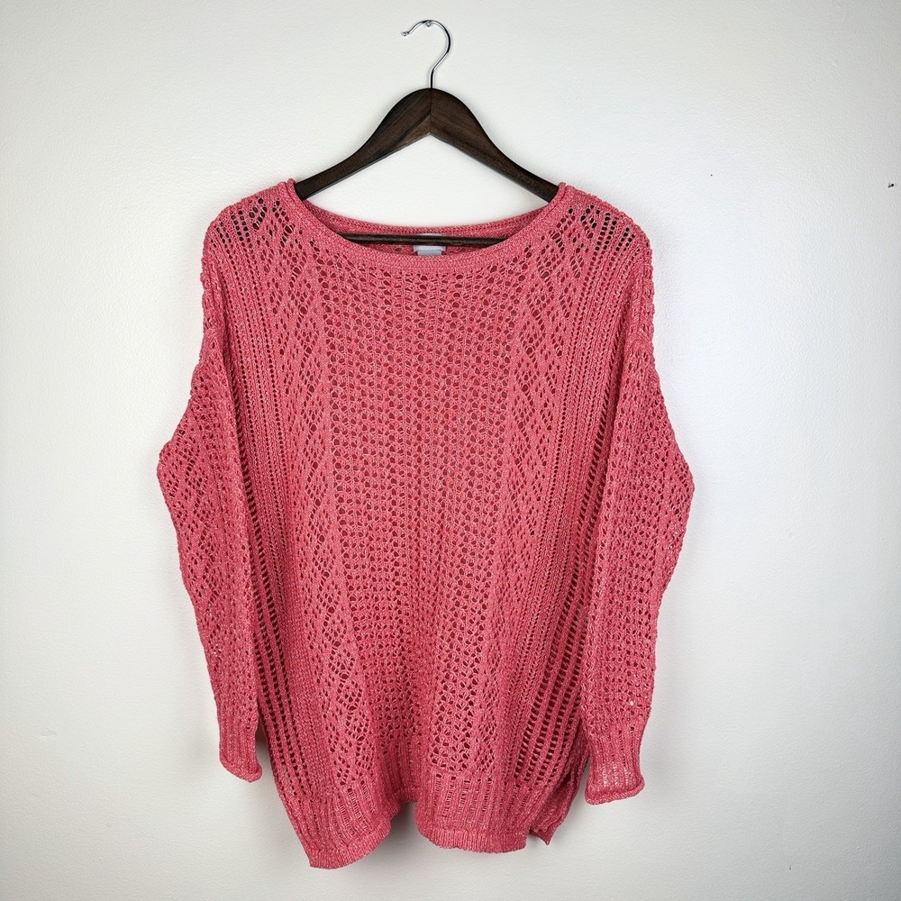 Chico's  Women's Open Knit Sweater 1P/M Petit Boat Neck Lightweight Boho Chic